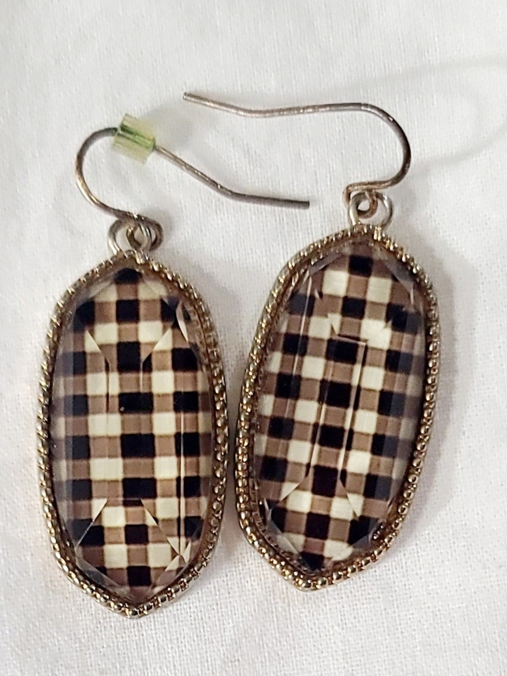 Gold-Tone Plaid Glass Oval Drop Earrings - Black & Cream